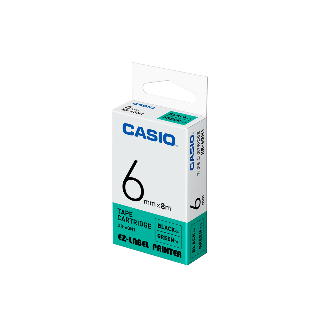 Casio Label Tape 6mm Black On Green XR-6GN1