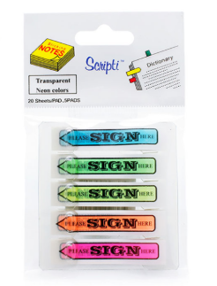 Scripti # 45624 Neon "Please Sign Here" Index Marker 10mm X 48mm (Packet of 5 Colours X 20'S)